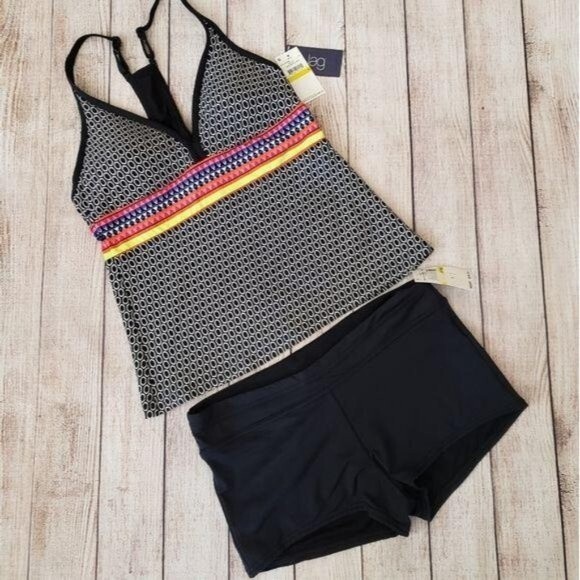 JAG Tankini Top Boy Short Swimsuit Women's Size Medium V-Neck Geo Print Solid - Picture 4 of 10